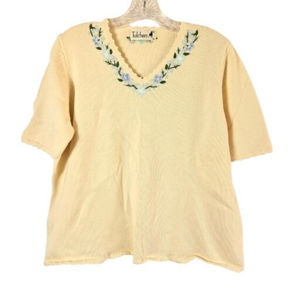 Tulchan Womens Yellow Floral‎ Embroidered V-Neck Cotton Knit Sweater XL Vintage